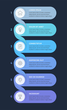 Infographic template featuring six numbered rounded rectangular banners connected by a twisting ribbon on a dark background