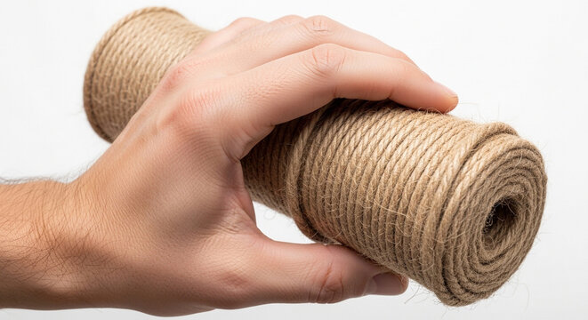 Hand holding a roll of brown jute twine isolated on white background