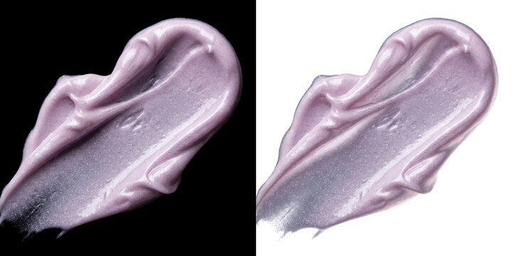 Png of cosmetic purple cream or gel smear with glitter texture, skincare product swatch, beauty makeup sample on black and transparent backgrounds
