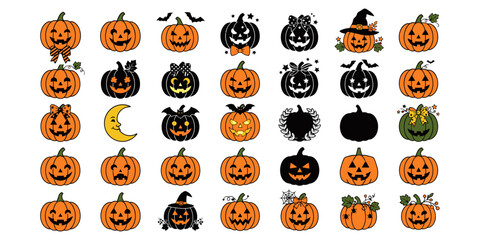 Obraz premium Collection of diverse watercolor jack o lanterns for halloween designs and autumn celebrations