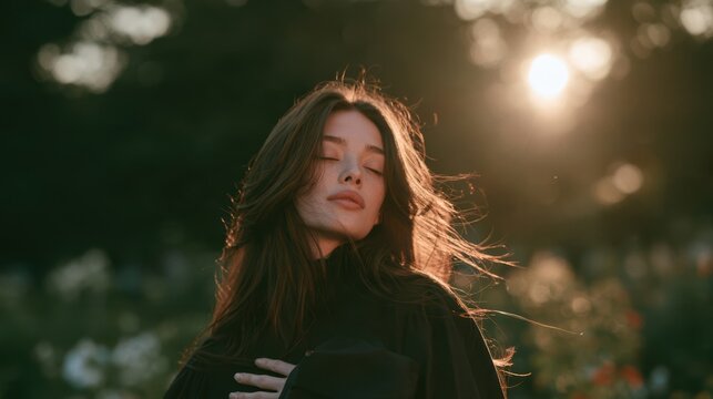 Young woman breathing fresh morning air,fresh air outdoor in park,forest or garden and sunlight,peaceful,mental health,relaxation,freedom,wellness concept.