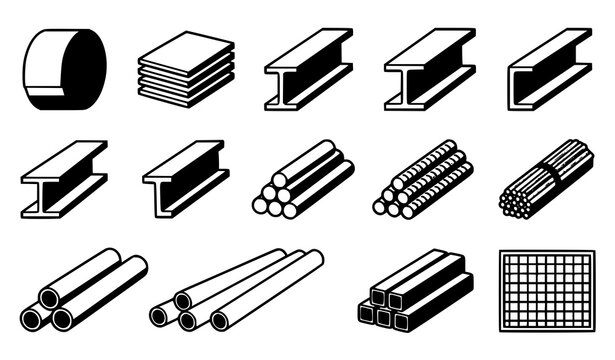 Metal construction material icon collection featuring steel beams, channels, pipes, rods, sheets, mesh, coils, and structural profiles