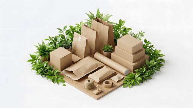 3D isometric eco-friendly blank kraft packaging and green leaves