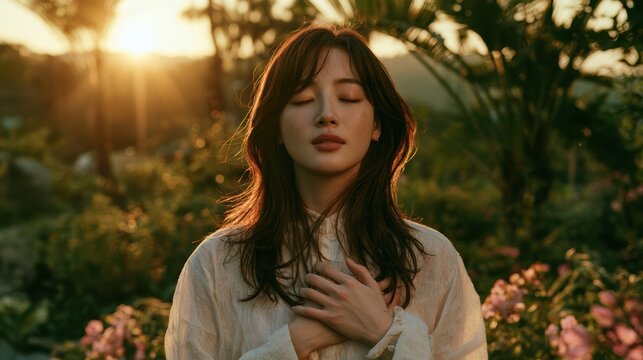 Young woman breathing fresh morning air,fresh air outdoor in park,forest or garden and sunlight,peaceful,mental health,relaxation,freedom,wellness concept.