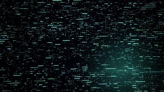 Glowing cyan data particles flicker and shift across a dark abstract digital field