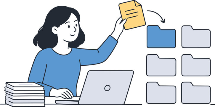 Woman organizing digital files and documents into folders