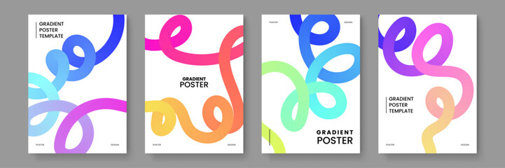 Naklejka na ściany i meble Creative abstract posters featuring colorful 3D floating gradient pipes and playful curved shapes on a clean white background