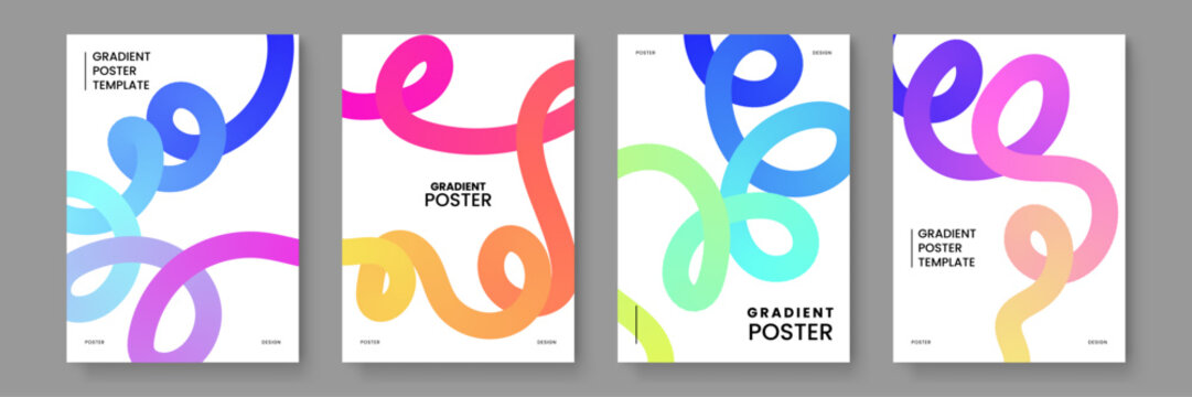 Creative abstract posters featuring colorful 3D floating gradient pipes and playful curved shapes on a clean white background