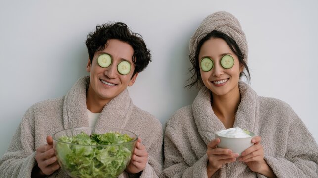 Couple beauty and healthy girl self care concept, girl in pink robe eating salad drink matcha and doing facial mask skincare cucumber routine,happy clean girl is popular,diet,wellness concept.