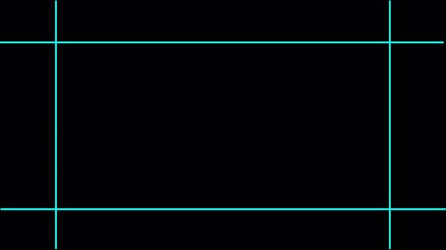 A simple minimalist rectangular frame composed of thin white lines against a solid black background creating a clean and stark visual border for placement. 4K 