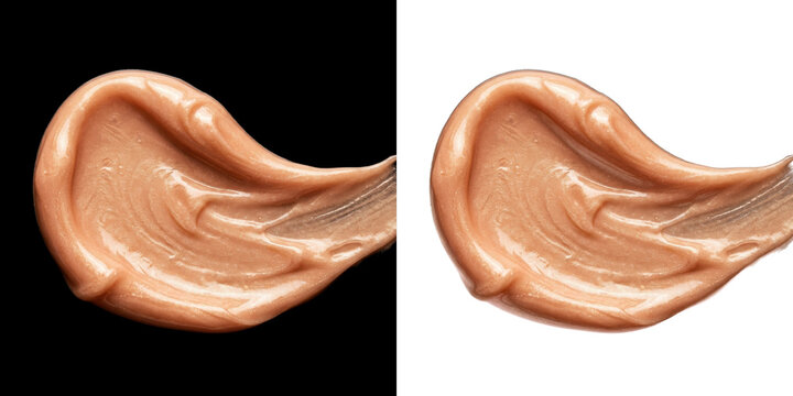 Png of a smear of shimmering beige cosmetic cream or liquid makeup isolated on transparent background, showing texture and golden glitter particles