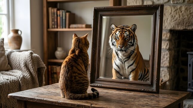 A domestic cat looking into a mirror and seeing the fierce reflection of a wild tiger, symbolizing inner strength courage and confidence