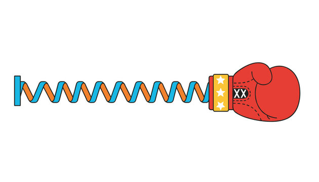 Red boxing glove is extended on a long blue and orange coiled spring to illustrate a surprise attack or gag.