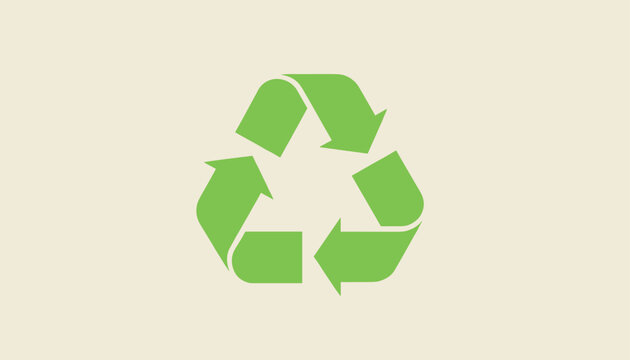 Universal green recycling symbol composed of three chasing arrows forming a triangle on a light beige background.