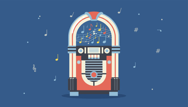 Colorful vintage jukebox illustration surrounded by floating musical notes and symbols on a dark blue background.