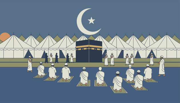 Detailed illustration of Muslim pilgrims praying around the Kaaba in Mecca under a crescent moon at night.