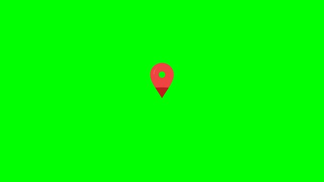 Clean flat vector red location pin animation displaying an alert signal on a solid green screen. The location marker activates, sends segmented signal waves outward, confirms the alert state, then att
