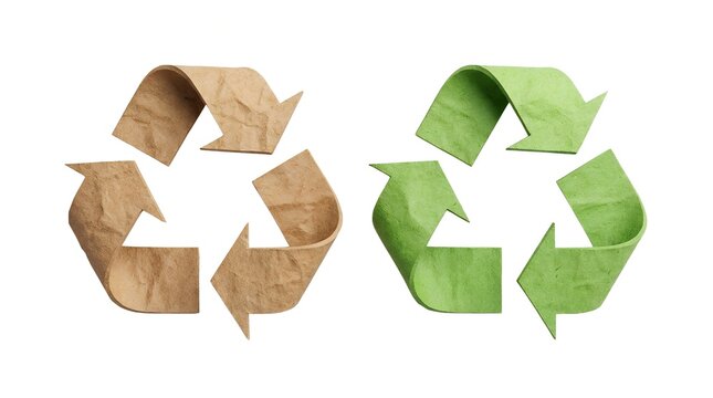 Paper recycle symbols in brown and green tones on a white background