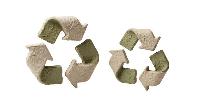 Paper recycle symbols in brown and green tones on a white background