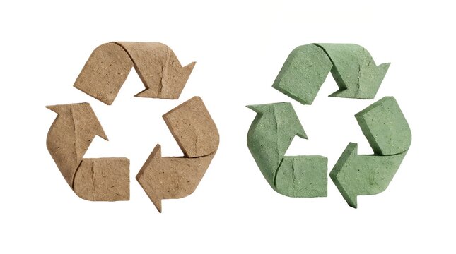 Paper recycle symbols in brown and green tones on a white background
