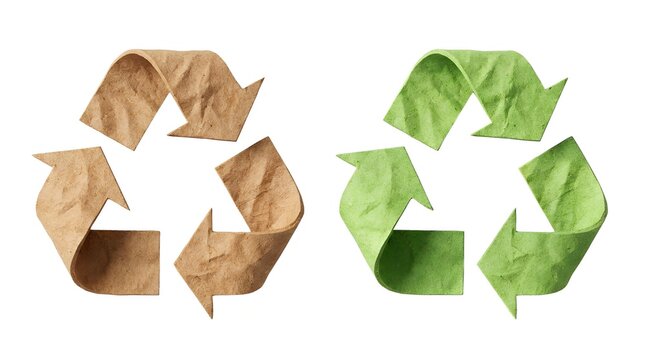Paper recycle symbols in brown and green tones on a white background