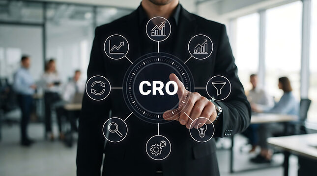 Professional businessman touching a virtual CRO interface in a modern office