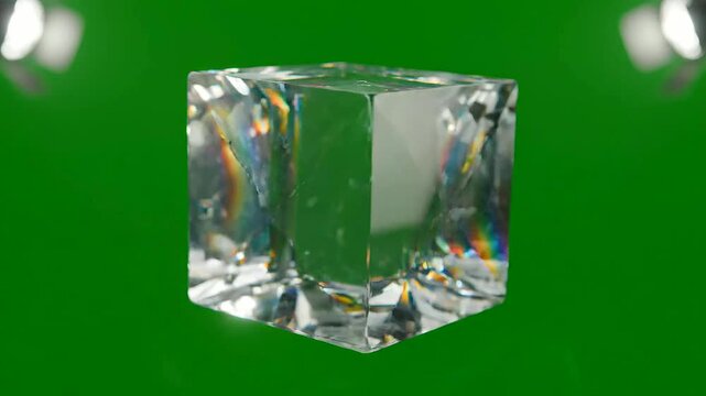Transparent crystal cube rotating on green screen chroma key backgroun