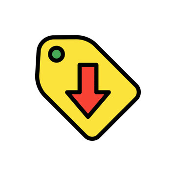 Yellow discount price tag icon with red down arrow.