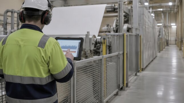 Worker in Industrial Factory Using Tablet to Monitor Machinery