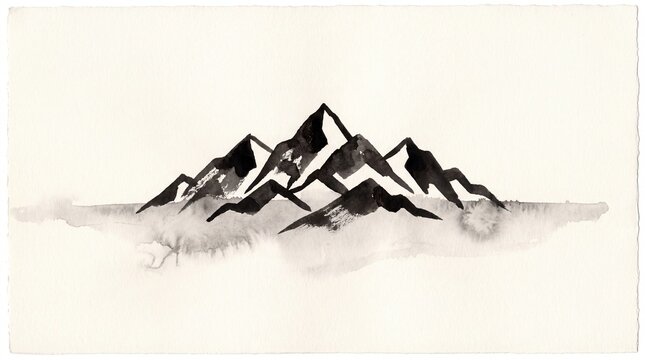 Minimalist watercolor mountain range illustration, abstract black ink peaks, serene landscape artwork, tranquil nature design element for travel and adventure themes.