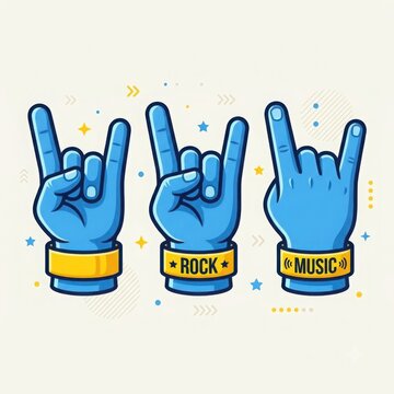 Three blue rock on hand signs with music and rock labels