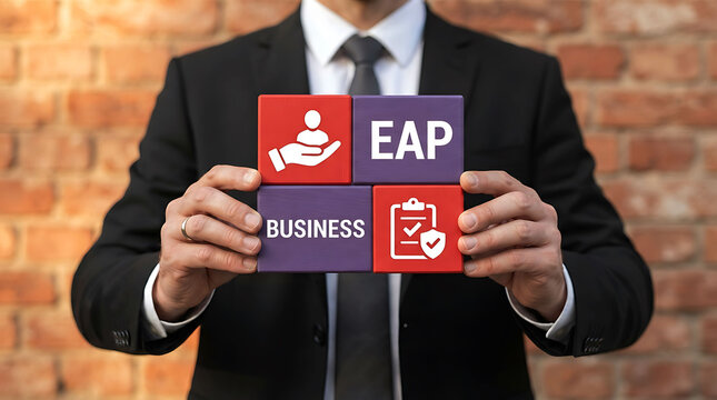 Businessman holding blocks with EAP and Business text and symbols for support