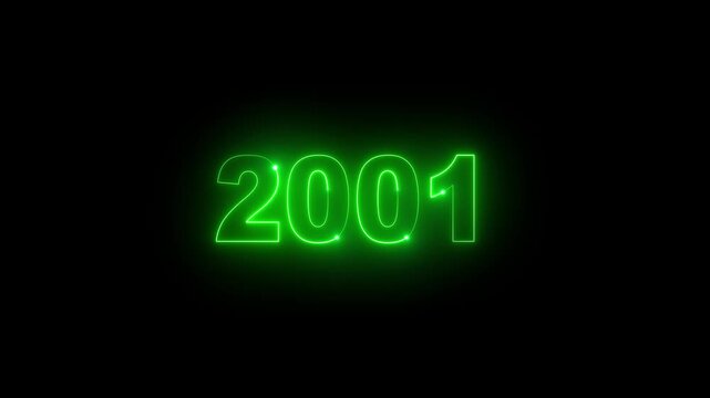 Glowing green neon 2001 year text counter loop on black background