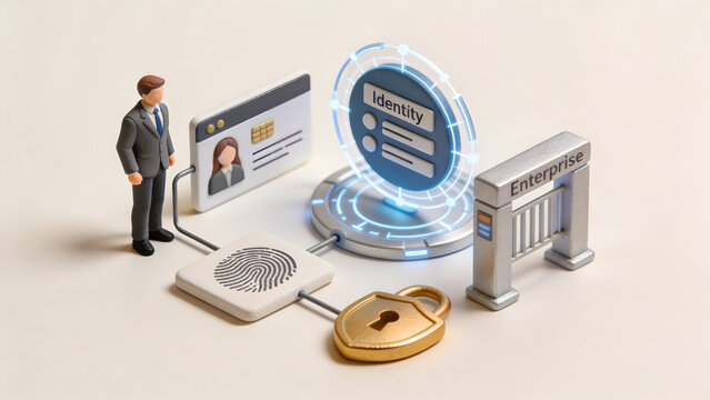 Enterprise digital identity security with biometric fingerprint, ID card and padlock, illustrating identity verification, access control, authentication and data protection.