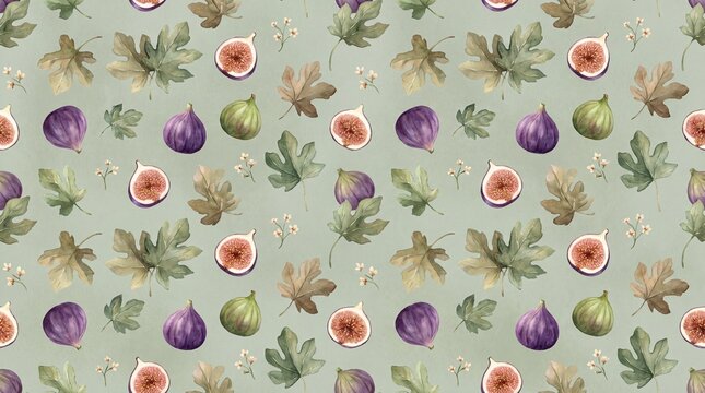 Watercolor fig fruit and leaf pattern, a rustic botanical illustration. Hand-painted fig tree elements, perfect for textile design or natural food packaging.