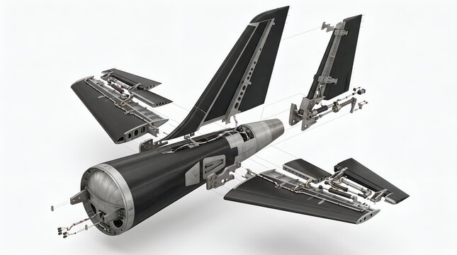 Exploded 3D view of an aircraft tail section empennage showing internal engineering components and carbon fiber structure