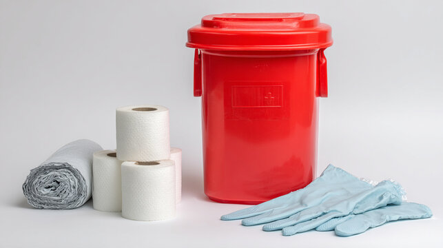 Bright red biohazard waste container surrounded by hygiene supplies on white background studio shot