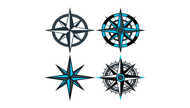  Nautical compass rose vector icons set featuring vintage maritime navigation stars wind rose dials and marine steering elements,