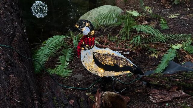 Lit-up Christmas goose decoration with a red scarf in the forest at Capilano Suspension Bridge Park in Vancouver, glowing holiday figure among ferns and trees.