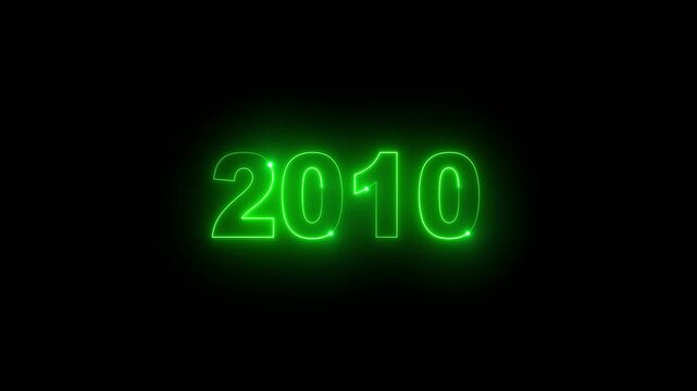 Glowing green neon 2010 year text counter loop on black background