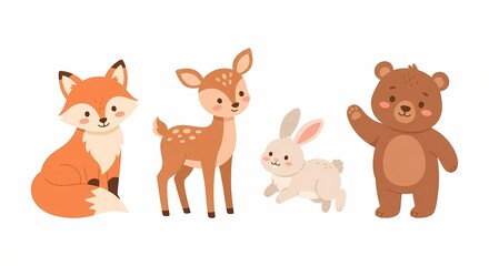 Fototapeta premium Cute Woodland Animals Set, Fox Deer Rabbit and Bear Vector Illustration.
