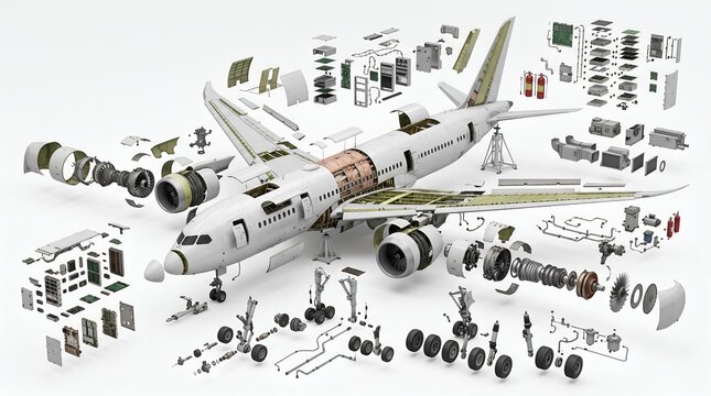 Exploded view of a commercial jet airplane showing internal engine parts, fuselage components, and landing gear on a white background for aerospace engineering.