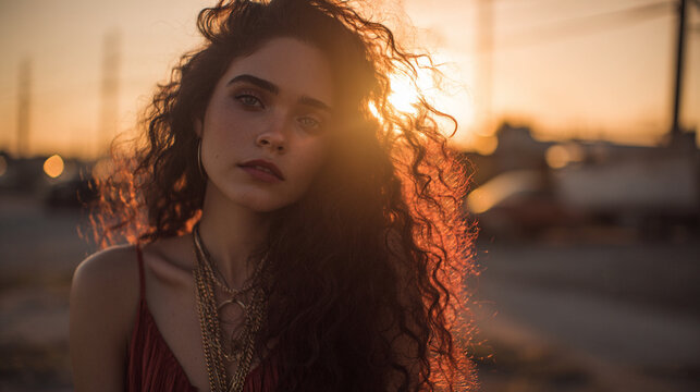 Beautiful young woman with curly brown hair posing outdoors during warm golden hour sunset