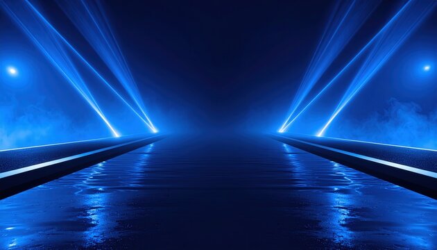 Cyberpunk technology and digital future abstract blue neon light beams on dark wet floor with smoke for virtual reality and gaming background