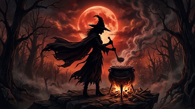 Fantasy Illustration of a Witch Stirring a Cauldron with Magic Potion under a Red Blood Moon in a Dark Spooky Forest