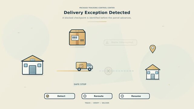Delivery exception and smart rerouting animation with delayed parcel alert, route adjustment and recovery flow, clean logistics motion graphic for courier operations, ecommerce and shipment management