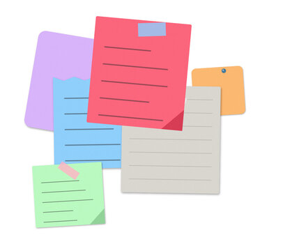 A colorful collection of assorted sticky notes and papers stacked together isolated on transparent background