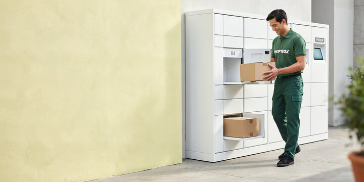 A man in a green uniform is placing a package into a parcel locker. The parcel locker is white and has multiple compartments. A plant is visible in the foreground.