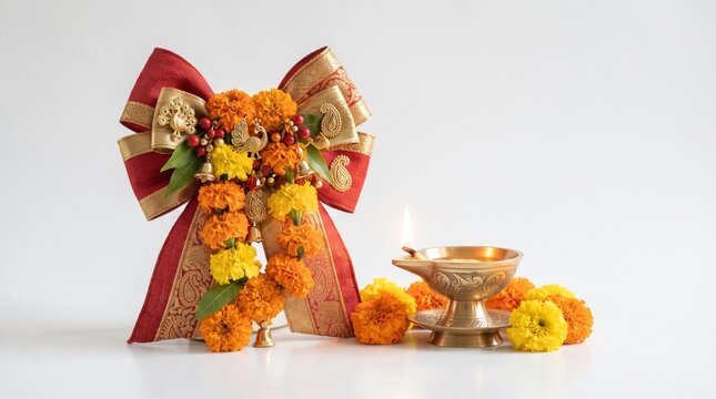 Festive bow decorated with marigold flowers, colorful ornaments and traditional Indian details, elegant celebration accessory with Navratri, Diwali, weddings and traditional events