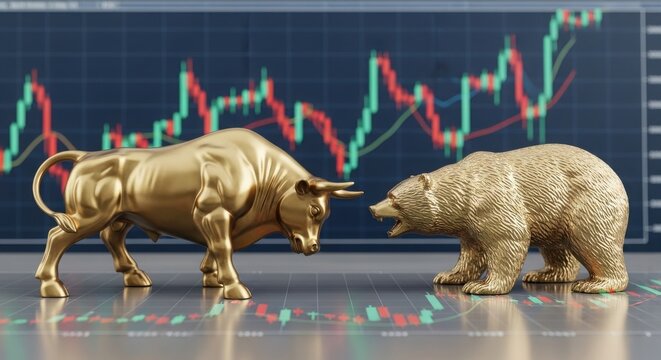 Golden bull and bear statues facing each other against stock market chart illustration